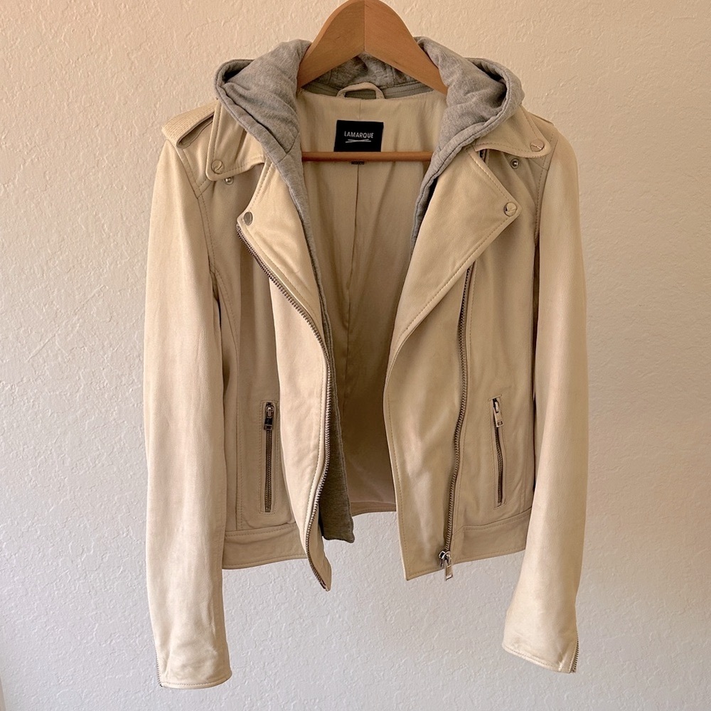 Lamarque Cream Leather Moto Jacket with detachable hood